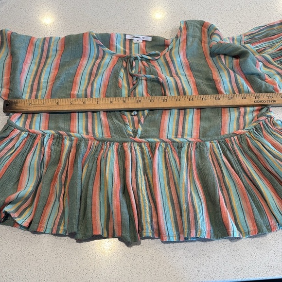 O’NEILL Rosie Stripe Top Bohemian Tie Closure Medium Green Blue - Picture 9 of 9